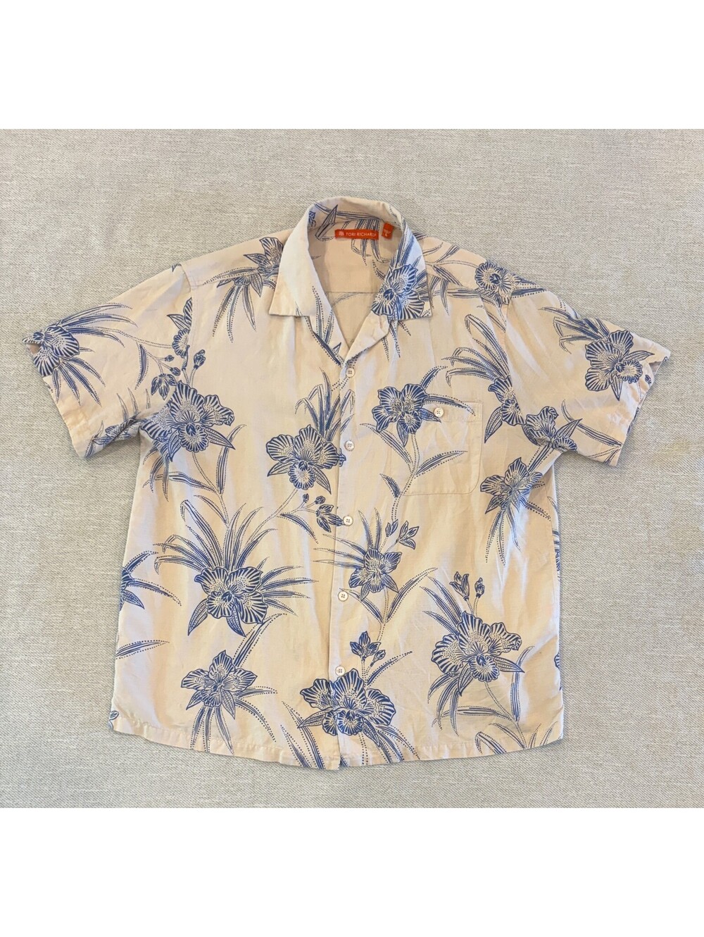 Tori Richard Silk Cotton Camp Shirt Mens L Cream Blue Floral Hawaiian Aloha